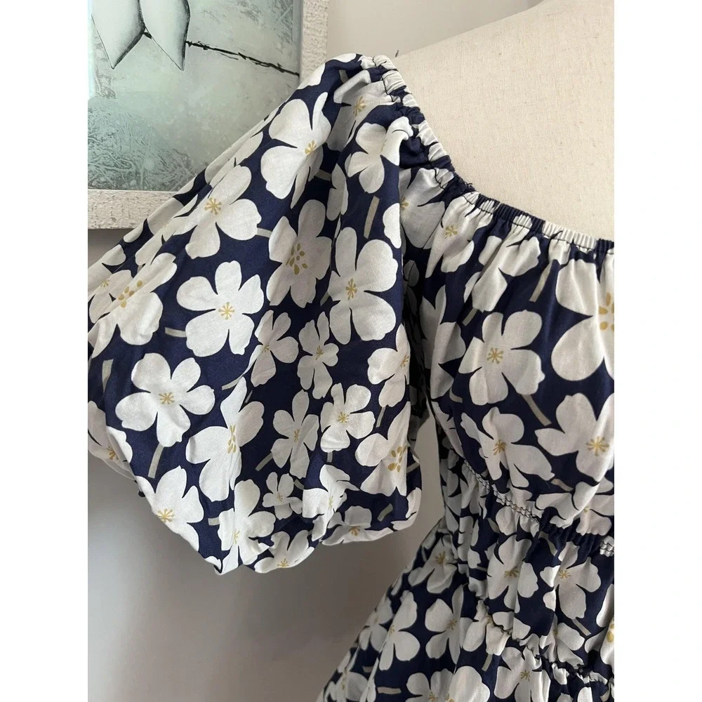 Blue Floral Off Shoulder Babydoll Mini Dress Smocked Sundress Cottage Boho - Picture 5 of 10